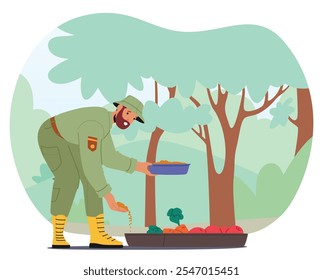 Homem guarda florestal personagem alimentando animais com grãos de semente, frutas e vegetais em verde parque natural vetor ilustração. Serviço profissional de gestão e conservação da vida selvagem na silvicultura