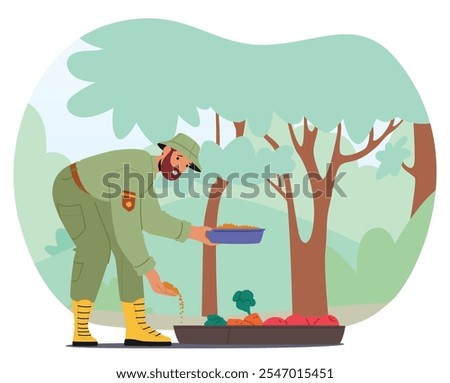 Man forest ranger character feeding animals with seed grains, fruits and vegetables in green natural park vector illustration. Wildlife management and conservation professional service at forestry