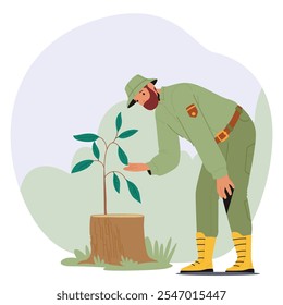 Man forest ranger character taking care of felled tree trunk with young green sprout growing out vector illustration. Conservationist providing landscaping and renovation service in national park