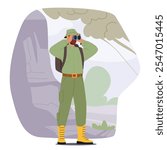 Man forest ranger character in uniform carrying backpack looking through binocular making observation of natural park providing professional service and ecology management vector illustration