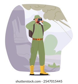 Man forest ranger character in uniform carrying backpack looking through binocular making observation of natural park providing professional service and ecology management vector illustration