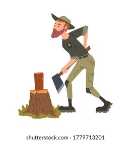 Man Forest Ranger Chopping Wood with Axe, National Park Service Employee Character Working in Forest Cartoon Style Vector Illustration