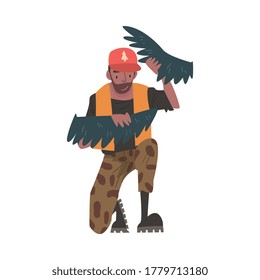 Man Forest Ranger Holds Bird Wings in his Hands, National Park Service Employee Character in Uniform Cartoon Style Vector Illustration