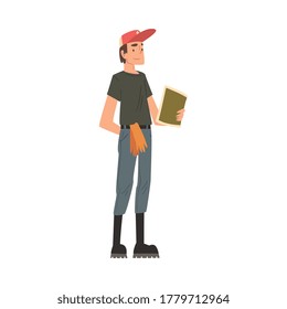 Man Forest Ranger Working in the Forest, National Park Service Employee Character at Work Cartoon Style Vector Illustration