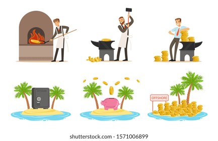 Man forges money. Gold coins on the island. Set of vector illustrations.