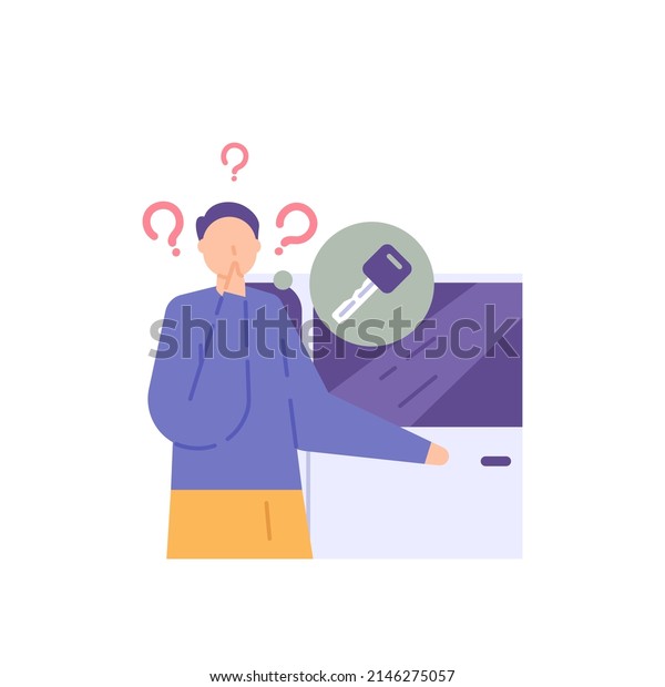 a man forgot or lost his car keys so he\
couldn\'t open the car door. a forgetful person. question. flat\
cartoon character illustrations. concept\
design