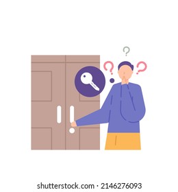 a man forgot or lost his house key so he couldn't open the door. a forgetful person. question. flat cartoon character illustrations. concept design