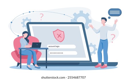 Man forgot password. Businessman enters login and password to website. Register at electronic mail or social media. Enter to profile or account. Flat vector illustration isolated on white background