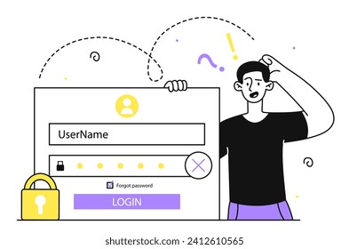 Man forgot password linear concept. Young guy having difficulty logging into website. User cannot log into account or profile. Doodle flat vector illustration isolated on white background