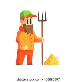 Hombre Con Diseño De Vector Plano Con Estilo De Dibujo Geométrico De Horquilla Y Heno Iluminación Aislada