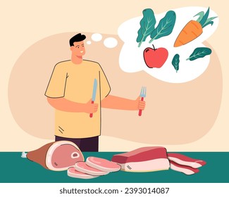 Man with fork and knife choosing vegetables instead of meat. Harm of eating red meat, vegetarianism concept