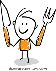 Man with fork and knife, hand drawn doodle line art cartoon design character - isolated vector illustration outline