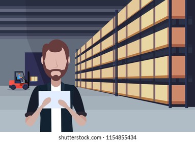man forklift loader working warehouse interior using tablet parcel box on rack logistic delivery cargo service concept male character portrait horizontal flat vector illustration