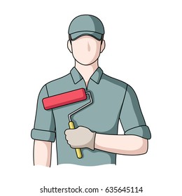 A man in the form of a builder. In the hand of a construction man, a roller. A builder in a blue cap.Professions single icon in cartoon style vector symbol stock illustration web.