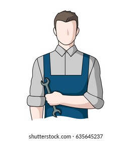 A man in the form of a mechanic. Mehannikv in a blue suit. In the man's hand is a mechanical key.Professions single icon in cartoon style vector symbol stock illustration web.