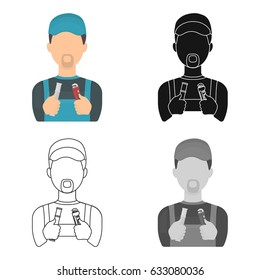 A man in the form of a plumber. In the hands of a water worker plumbing tools. At the man plumber's cap. Plumbing symbol stock vector illustration.