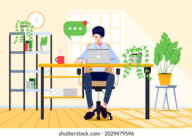 Mann in formaler Kleidung sitzend am Büroschreibtisch. Geschäftsfrau am Arbeitsplatz. Professioneller Büroassistent, der mit Laptop arbeitet. Cartoon, Vektorgrafik.