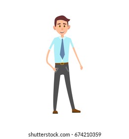 Man in formal office clothes such as blue shirt, big tie and grey trousers stands with kind face isolated vector illustration on white background.