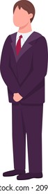 Hombre con traje formal de color semiplano, carácter vector. Figura permanente. Persona de cuerpo entero sobre blanco. Empresario aislado de dibujos animados modernos ilustración de diseño gráfico y animación