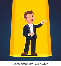 Man in formal suit singing opera song in a bright stage spot light. Flat style vector illustration isolated on white background.