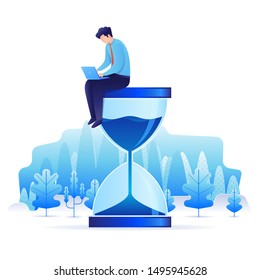Man in formal suit sitting on an hourglass and working on his laptop. Productivity and time management concept illustration. Landing page illustration with white background. 