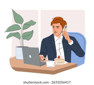 Man in formal suit using laptop and talking on phone while seated at a cafe table with cake and coffee, flat graphic style, indoor background. Concept of multitasking. Vector illustration