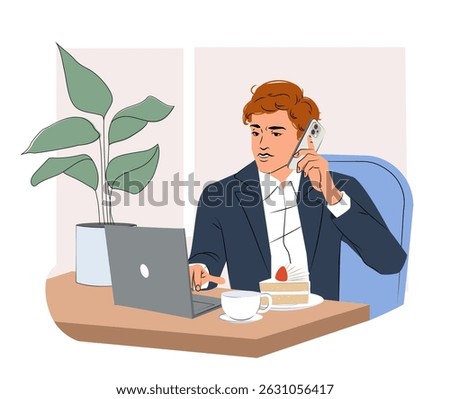 Man in formal suit using laptop and talking on phone while seated at a cafe table with cake and coffee, flat graphic style, indoor background. Concept of multitasking. Vector illustration