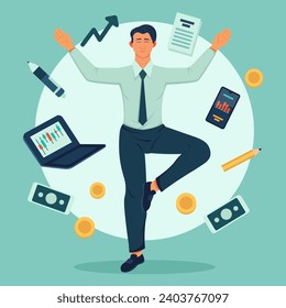 Man in formal wear standing in tree pose, doing yoga. Vector illustration. Laptop, smartphone, money, document, pen, pencil on background. Balance in business, maintaining balance concept