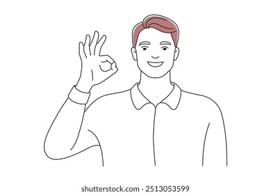 A man is forming an OK gesture with his hands, conveying a positive affirmation or approval doodle continuous line art vector illustration on white background.