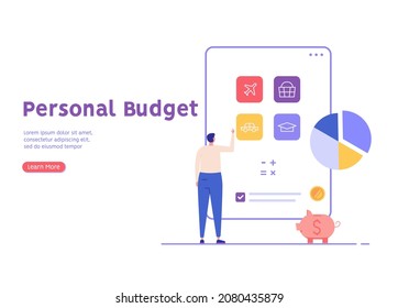 Man forms the family budget, divides the items of expenditure. Concept of budget, finance control, finance, personal budget, family money, accounting of expenses. Vector illustration in flat design
