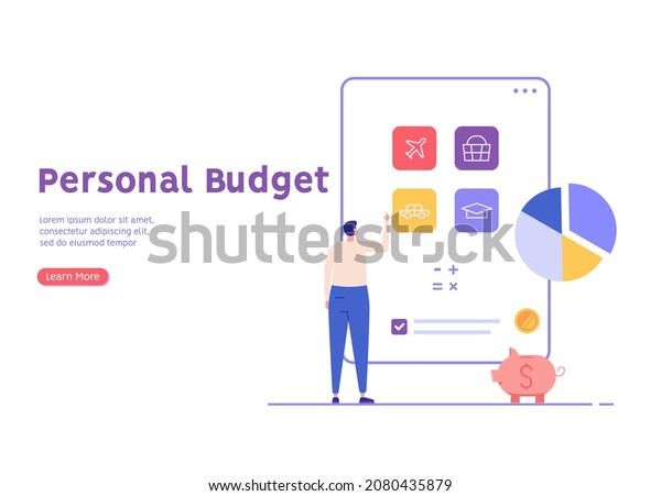 Man forms the family budget, divides the items of\
expenditure. Concept of budget, finance control, finance, personal\
budget, family money, accounting of expenses. Vector illustration\
in flat design