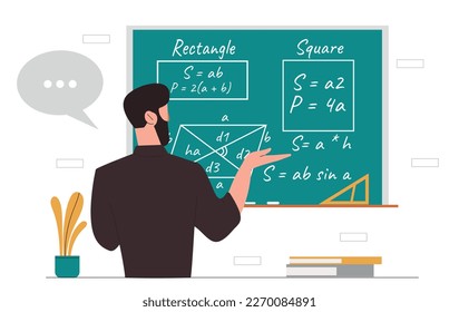 Man with formulas. Math teacher teaches lesson at school or lecture at university at blackboard. Education, learning and training. Rectangular and square space. Cartoon flat vector illustration