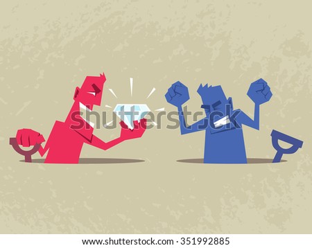 Man found a big gemstone. Other man is envious and angry. Envy and success concept illustration.