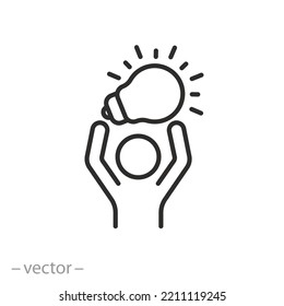man found idea icon, creative solution or inspiration, eureka, person holding light bulb, thin line symbol on white background - editable stroke vector illustration eps10