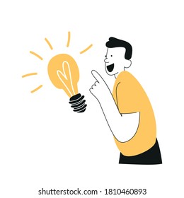 The man found an idea and solved the problem. Strategy, solution, brainstorming concept. The concept of success. Simple flat vector.