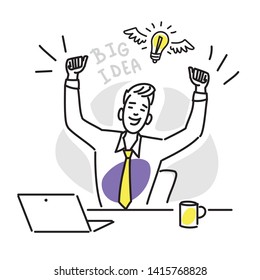 Man found the solution having a big idea at office. Vector hand drawn illustration.