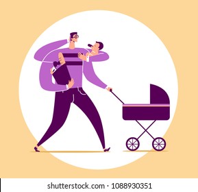 Man With Four Arms Carries Baby, Stroller, Bag With Food Products And Talks On Phone. Concept Of Multifunctional Or Multitasking Dad, Super Father And Modern Fatherhood. Cartoon Vector Illustration