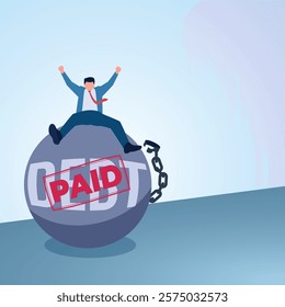 A man is free from debt and stamp paid. Illustration for paying debt, loan repayment and free from debt.