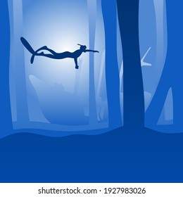 man freediver glides with fins underwater with ship wreck underwater. Deep sea bottom in blue shade gradient background illustration vector.