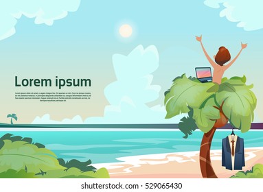 Man Freelance Remote Working Place Palm Tree Using Laptop Beach Summer Vacation Tropical View Flat Vector Illustration