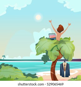 Man Freelance Remote Working Place Palm Tree Using Laptop Beach Summer Vacation Tropical View Flat Vector Illustration