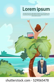 Man Freelance Remote Working Place Palm Tree Using Laptop Beach Summer Vacation Tropical View Flat Vector Illustration