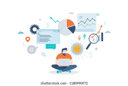 Man or freelance worker sitting with crossed legs and computer against diagrams, graphs and charts on background. Concept of working on personal business project. Modern flat vector illustration.