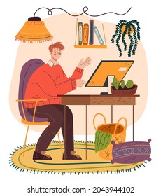 Man freelance worker sitting home at computer and working. Vector flat cartoon graphic design illustration