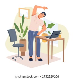 Man freelancer in casual cloth making stretching exercises standing near table with laptop, flat cartoon character. Guy working at home doing physical activities at work place, chair and flower pots