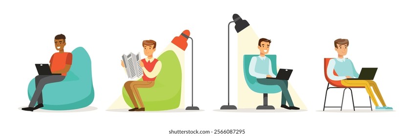 Man Freelancer Character at Coworking Space Vector Set