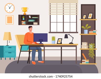 Man freelancer character working at home concept. Vector flat cartoon graphic design illustration