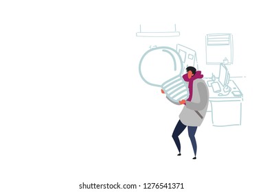 man freelancer holding light lamp new business innovation concept creative startup project modern office interior flat doodle horizontal
