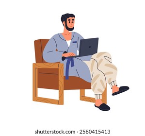 Man freelancer with laptop computer. Freelance worker during remote work, sitting in bathrobe, pajamas and slippers in armchair at home. Flat vector illustration isolated on white background