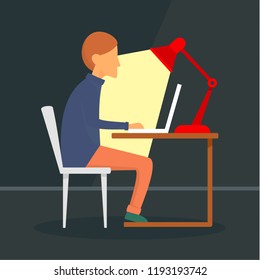 Man freelancer at notebook concept background. Flat illustration of man freelancer at notebook vector concept background for web design